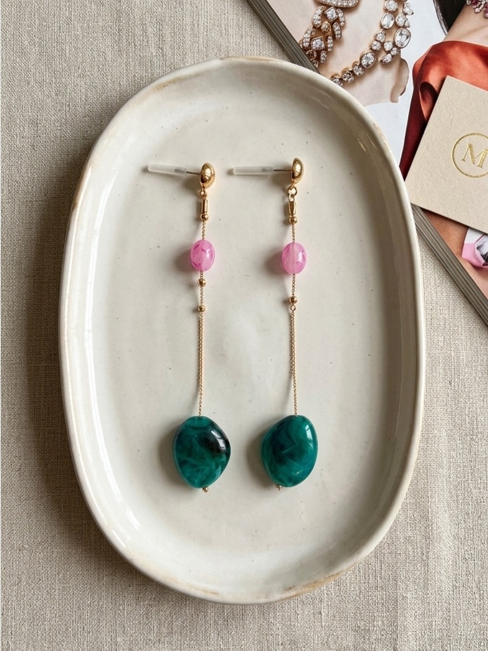 NWOT: Gold Drop Earrings with Pink and Teal Beads